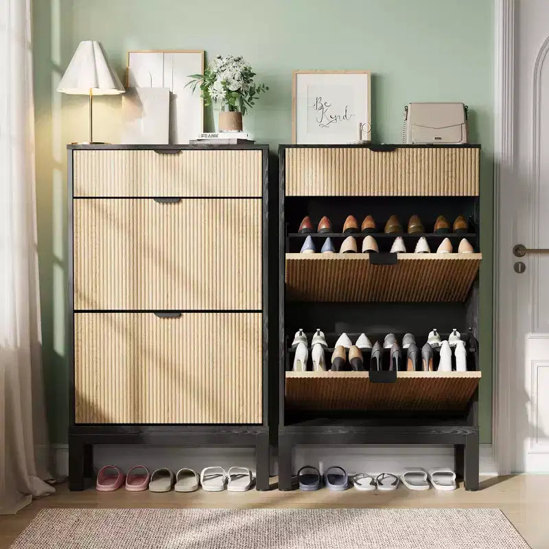 Meuble à chaussures avec 2 tiroirs basculants, organisateur de chaussures style ferme avec pieds en métal, porte-chaussures étroit pour entrée, hall, couloir