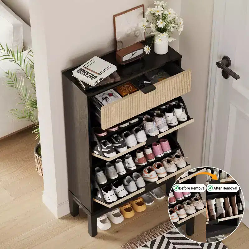 Meuble à chaussures avec 2 tiroirs basculants, organisateur de chaussures style ferme avec pieds en métal, porte-chaussures étroit pour entrée, hall, couloir