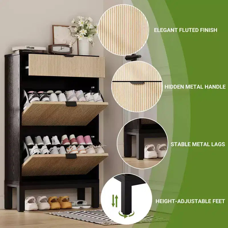 Meuble à chaussures avec 2 tiroirs basculants, organisateur de chaussures style ferme avec pieds en métal, porte-chaussures étroit pour entrée, hall, couloir