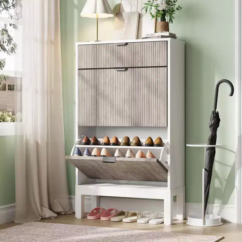 Meuble à chaussures avec 2 tiroirs basculants, organisateur de chaussures style ferme avec pieds en métal, porte-chaussures étroit pour entrée, hall, couloir