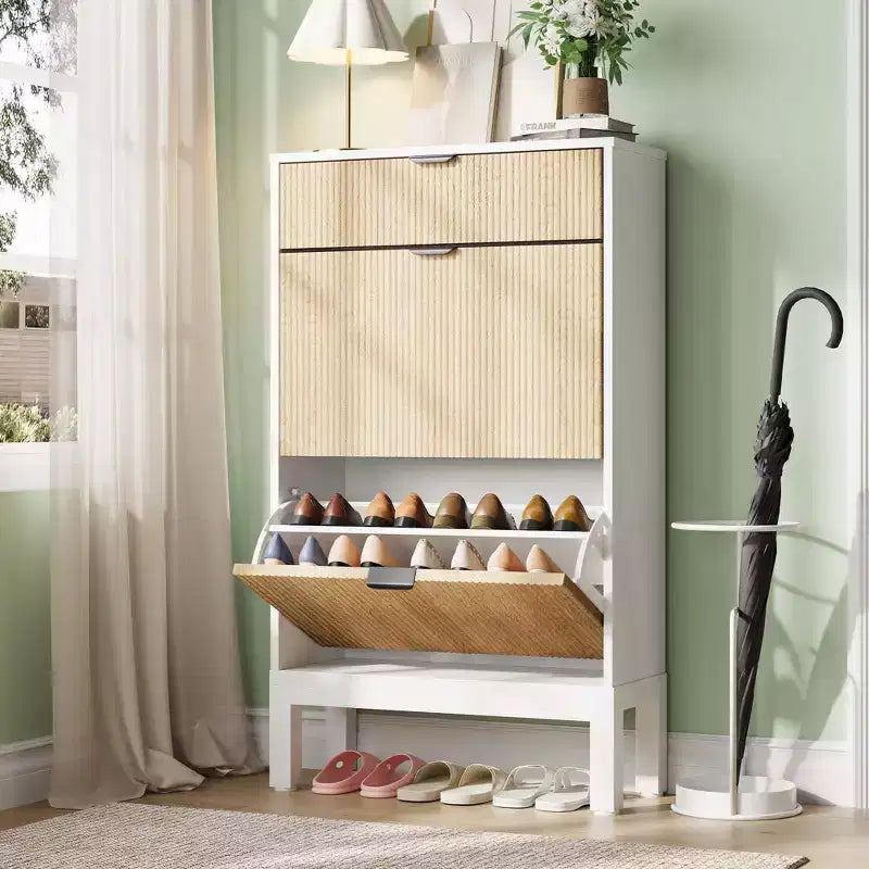 Meuble à chaussures avec 2 tiroirs basculants, organisateur de chaussures style ferme avec pieds en métal, porte-chaussures étroit pour entrée, hall, couloir