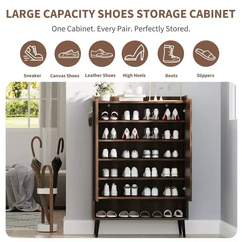 Grand meuble à chaussures avec portesOrganisateur de chaussures à 6 niveaux avec 2 portes et crochets supplémentaires pour le couloir, l'entrée, le salon