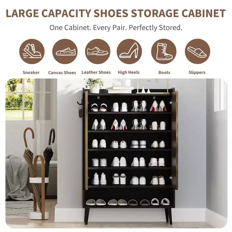 Grand meuble à chaussures avec portesOrganisateur de chaussures à 6 niveaux avec 2 portes et crochets supplémentaires pour le couloir, l'entrée, le salon