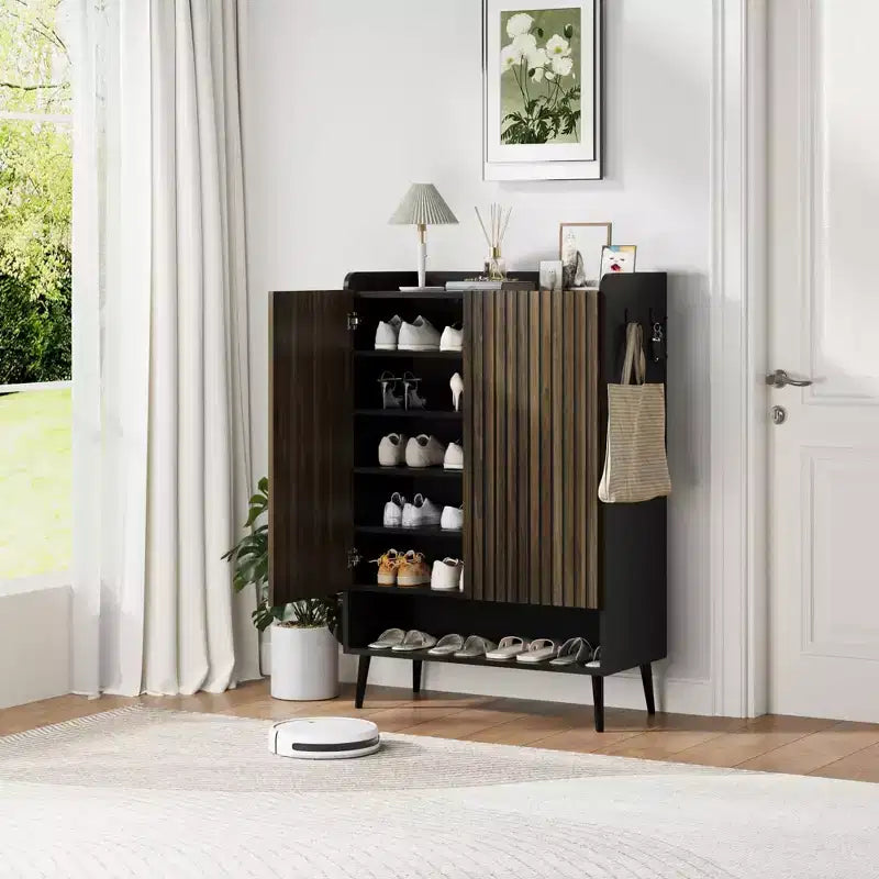 Large Shoe Cabinet with Doors6-Tier Shoe Organizer with 2 Doors & Additional Hooks for Hallway, Entryway, Living Room