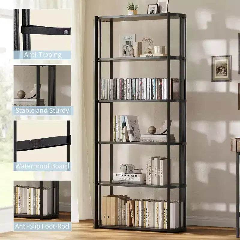 Bibliothèque de 180 cm de haut, Étagère industrielle, Bibliothèque sur pied, Grandes étagères pour salon, Étagère de rangement pour bureau à domicile