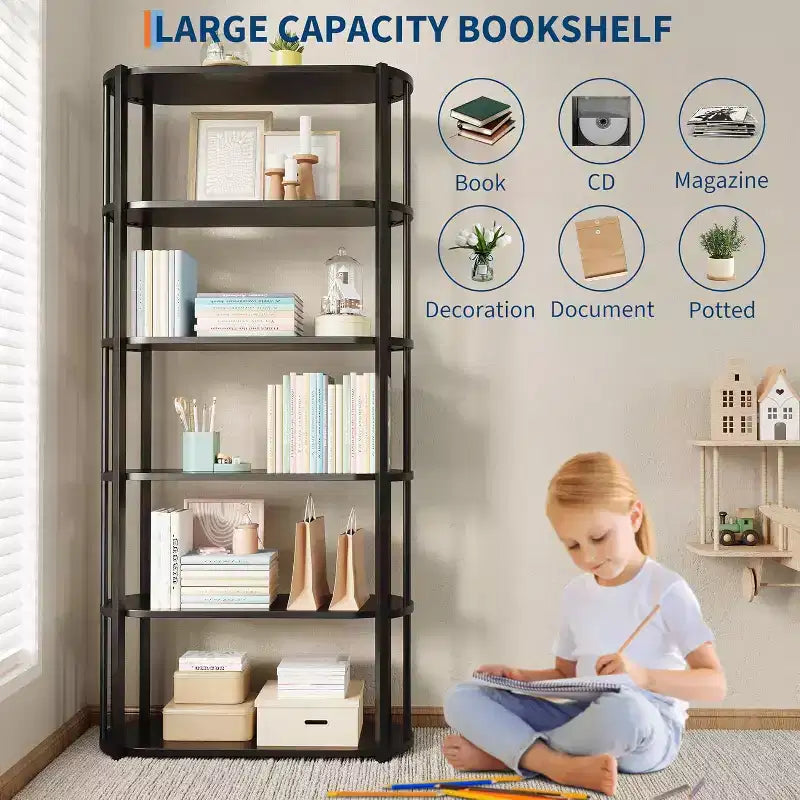 Bibliothèque de 180 cm de haut, Étagère industrielle, Bibliothèque sur pied, Grandes étagères pour salon, Étagère de rangement pour bureau à domicile