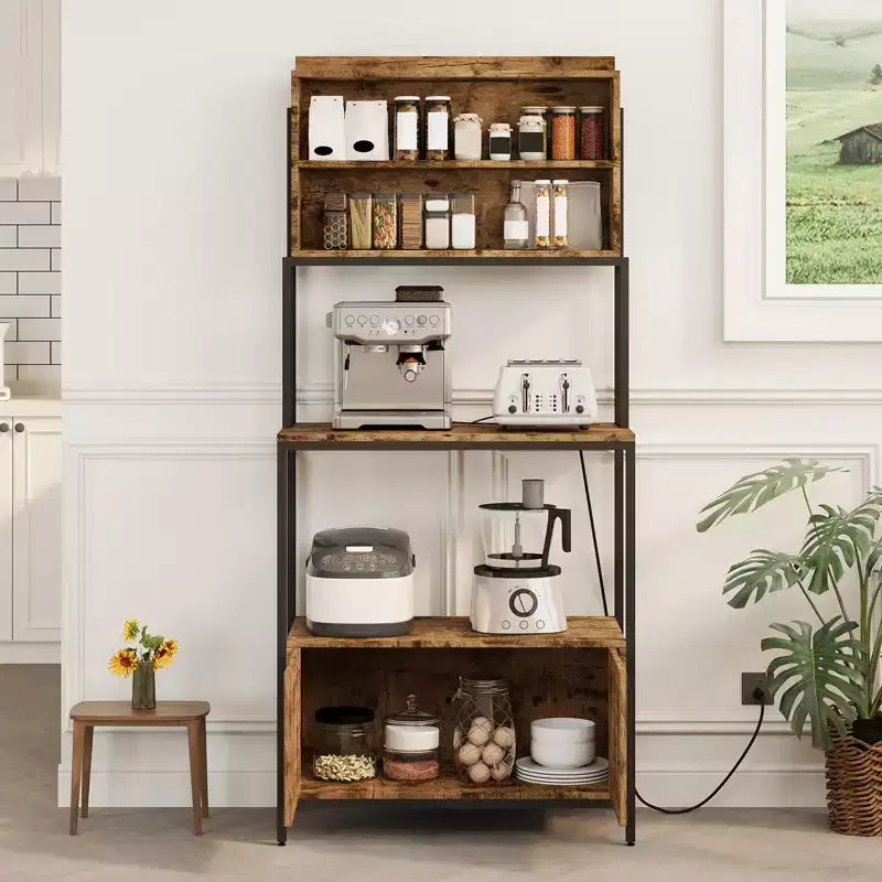 67.7 Industrial 6-Tier Kitchen Bakers Rack with Power Outlet - Microwave Stand with Shelves & Cabinet - Freestanding Storage Organizer