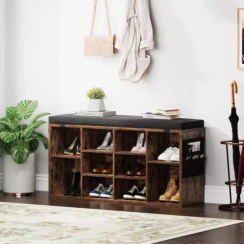 Banc à chaussures avec siège rembourré, étagères réglables et poches latérales, organisateur de rangement à 10 cubes pour entrée