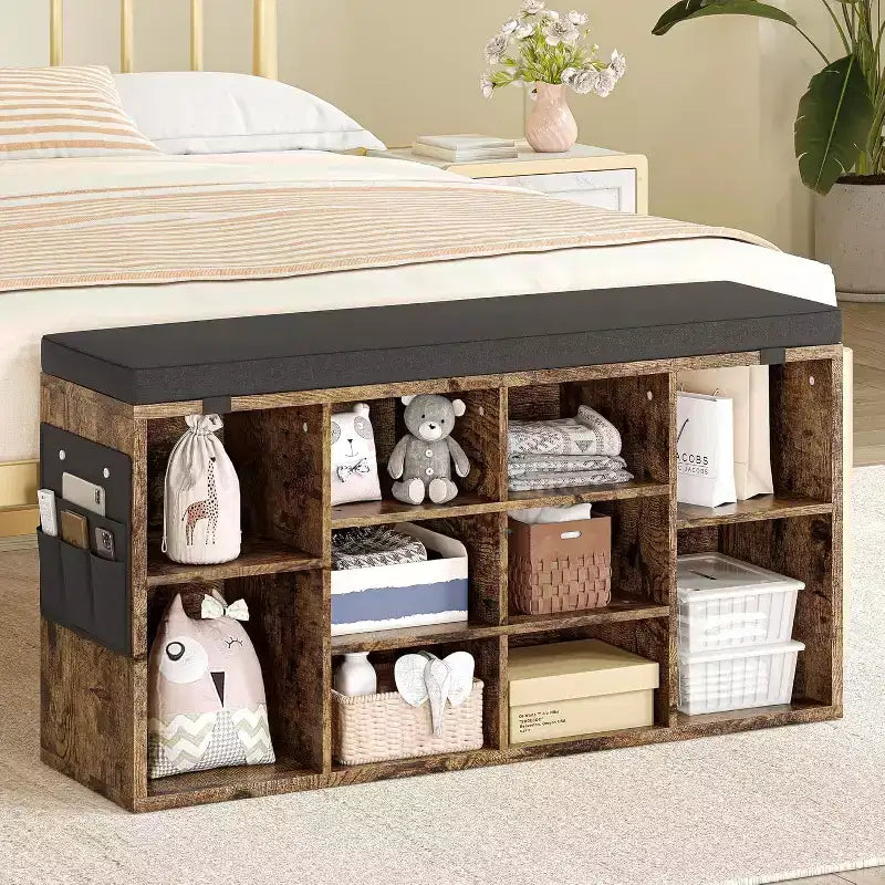 Banc à chaussures avec siège rembourré, étagères réglables et poches latérales, organisateur de rangement à 10 cubes pour entrée