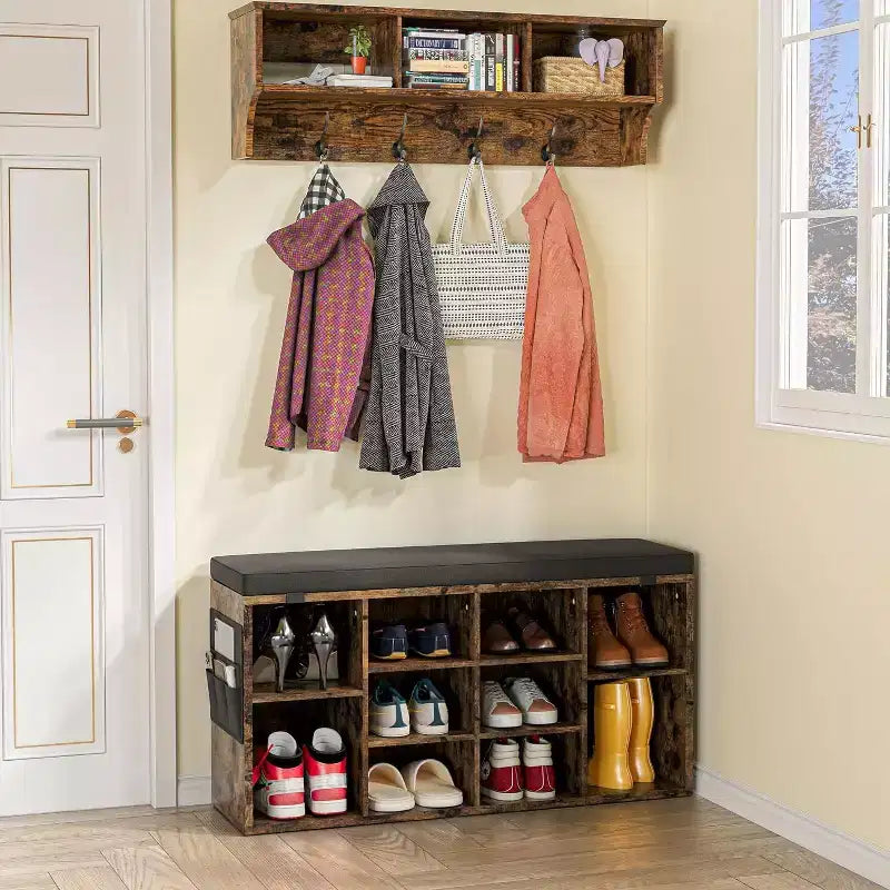 Banc à chaussures avec siège rembourré, étagères réglables et poches latérales, organisateur de rangement à 10 cubes pour entrée