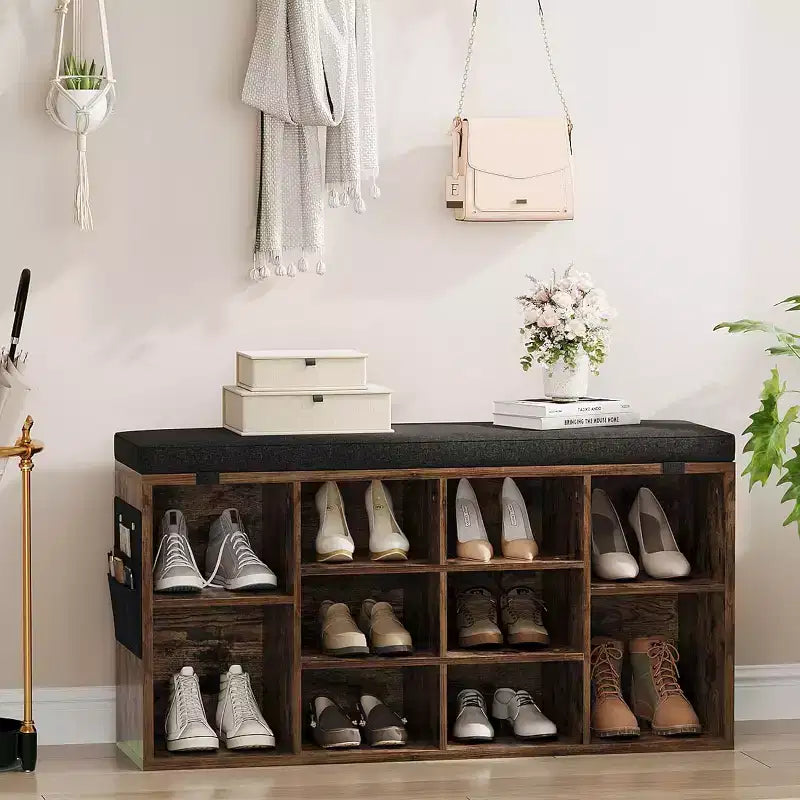Banc à chaussures avec siège rembourré, étagères réglables et poches latérales, organisateur de rangement à 10 cubes pour entrée