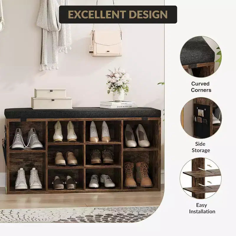Banc à chaussures avec siège rembourré, étagères réglables et poches latérales, organisateur de rangement à 10 cubes pour entrée