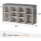 Banc à chaussures avec siège rembourré, étagères réglables et poches latérales, organisateur de rangement à 10 cubes pour entrée