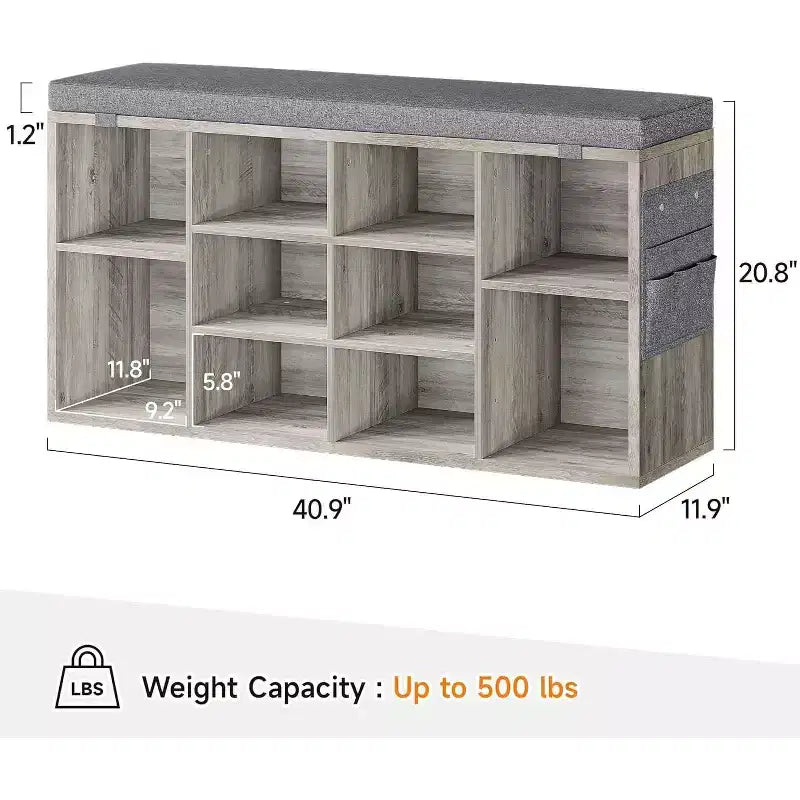 Banc à chaussures avec siège rembourré, étagères réglables et poches latérales, organisateur de rangement à 10 cubes pour entrée