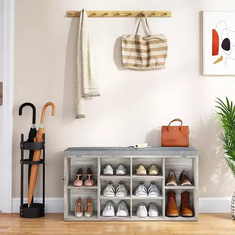 Banc à chaussures avec siège rembourré, étagères réglables et poches latérales, organisateur de rangement à 10 cubes pour entrée