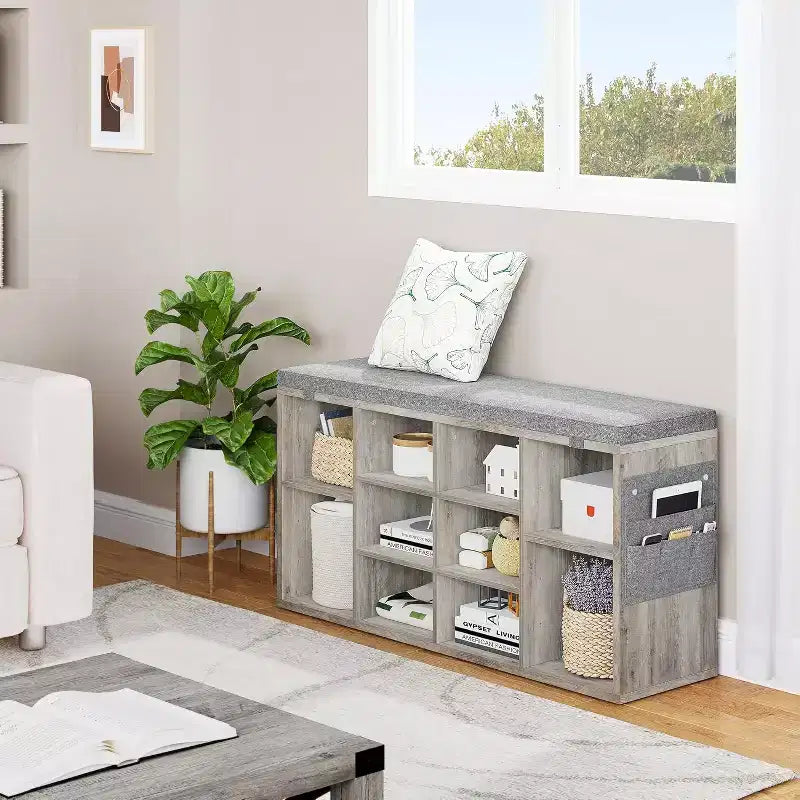 Banc à chaussures avec siège rembourré, étagères réglables et poches latérales, organisateur de rangement à 10 cubes pour entrée