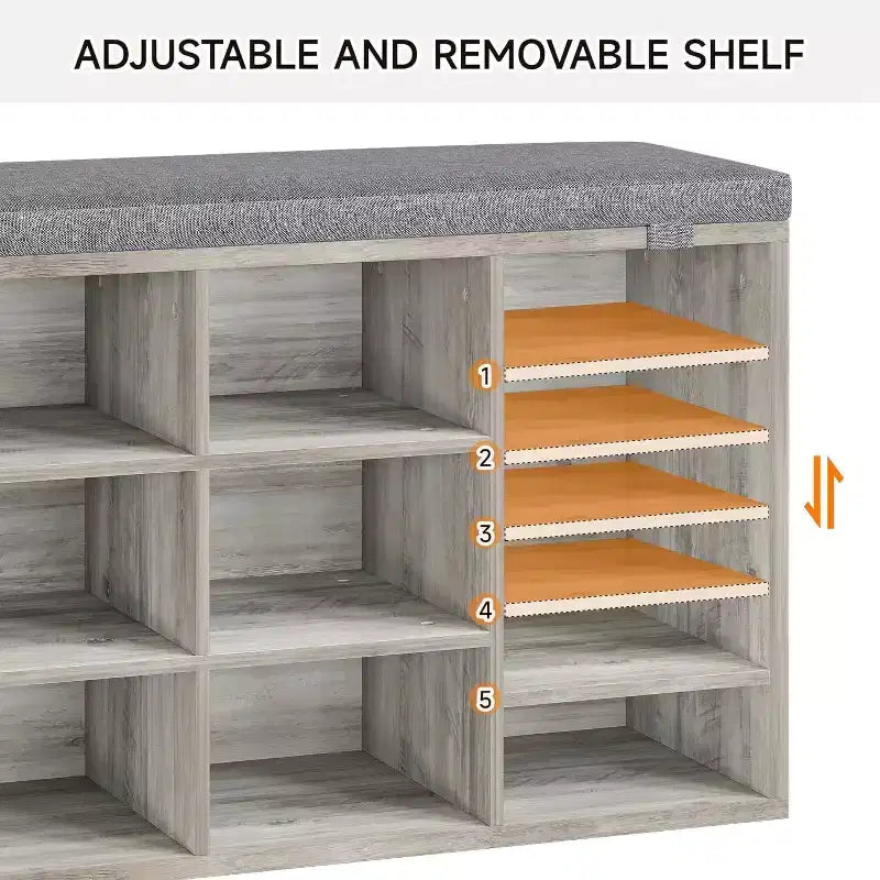 Banc à chaussures avec siège rembourré, étagères réglables et poches latérales, organisateur de rangement à 10 cubes pour entrée