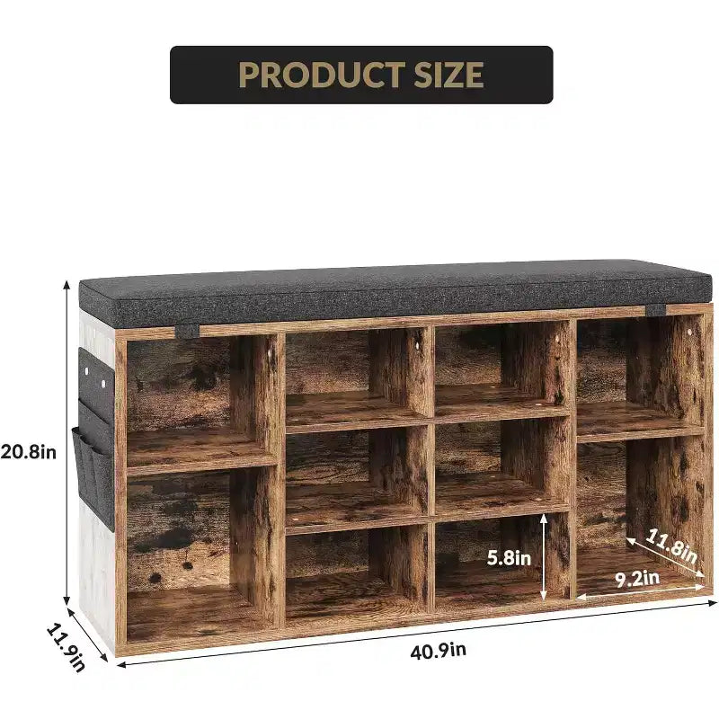Banc à chaussures avec siège rembourré, étagères réglables et poches latérales, organisateur de rangement à 10 cubes pour entrée