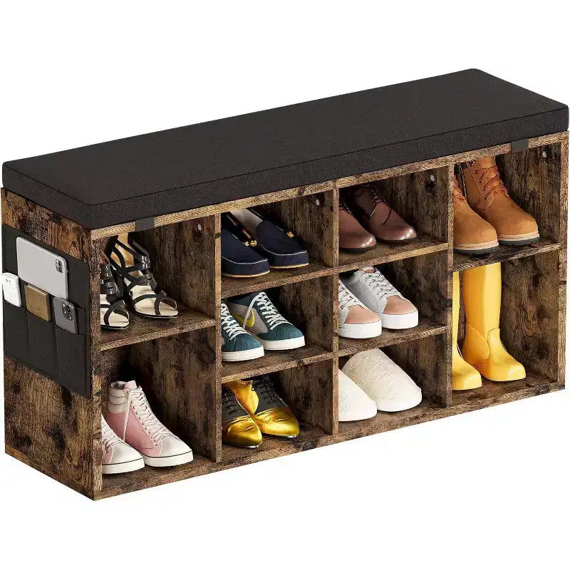Banc à chaussures avec siège rembourré, étagères réglables et poches latérales, organisateur de rangement à 10 cubes pour entrée