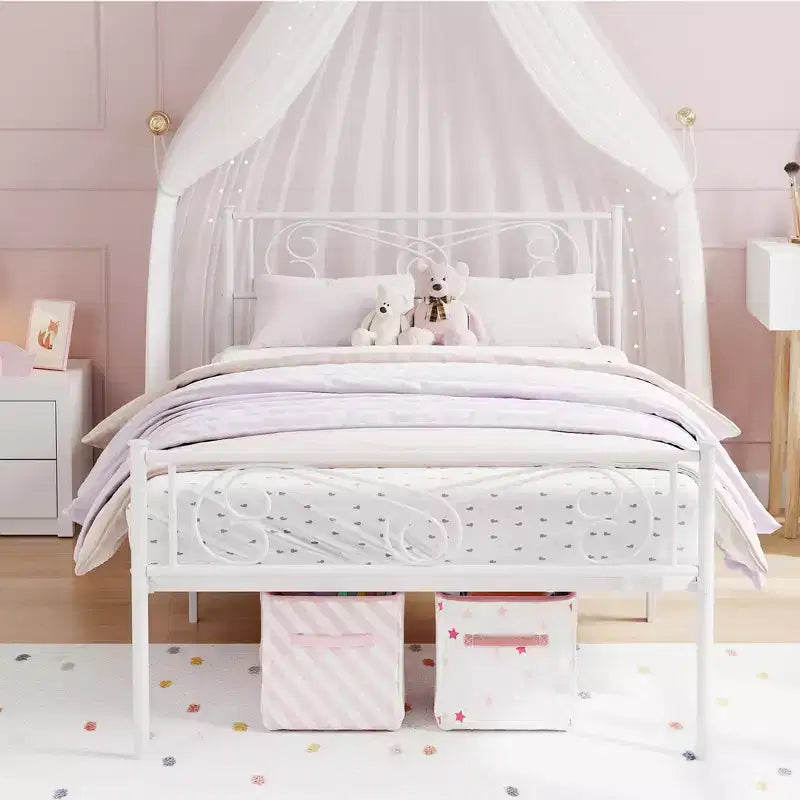 Cadre de lit métallique pour enfants, Taille Double, Cadre de lit double avec tête et pied de lit, Support à lattes en acier, Pas besoin de sommier tapissier