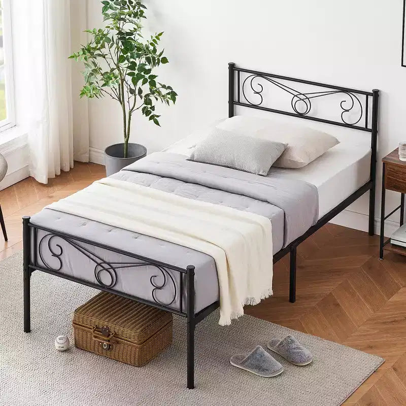Cadre de lit métallique pour enfants, Taille Double, Cadre de lit double avec tête et pied de lit, Support à lattes en acier, Pas besoin de sommier tapissier
