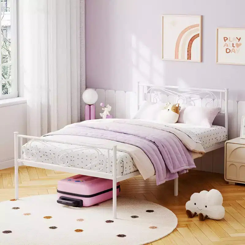 Cadre de lit métallique pour enfants, Taille Double, Cadre de lit double avec tête et pied de lit, Support à lattes en acier, Pas besoin de sommier tapissier