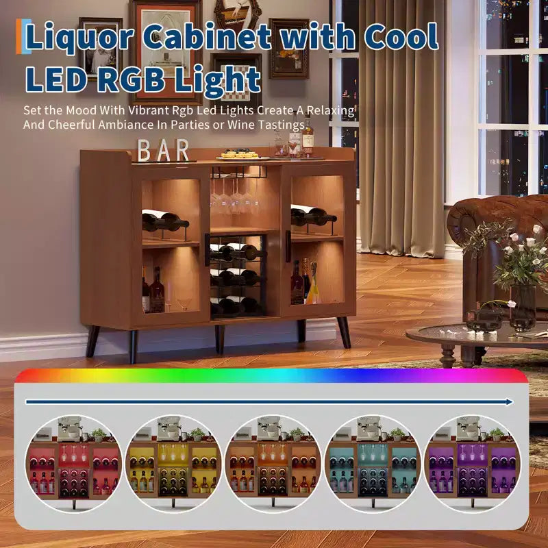 Meuble de bar à vin autoportant, buffet en bois de 120 cm avec porte en verre et étagère à vin, buffet de rangement pour salon ou cuisine