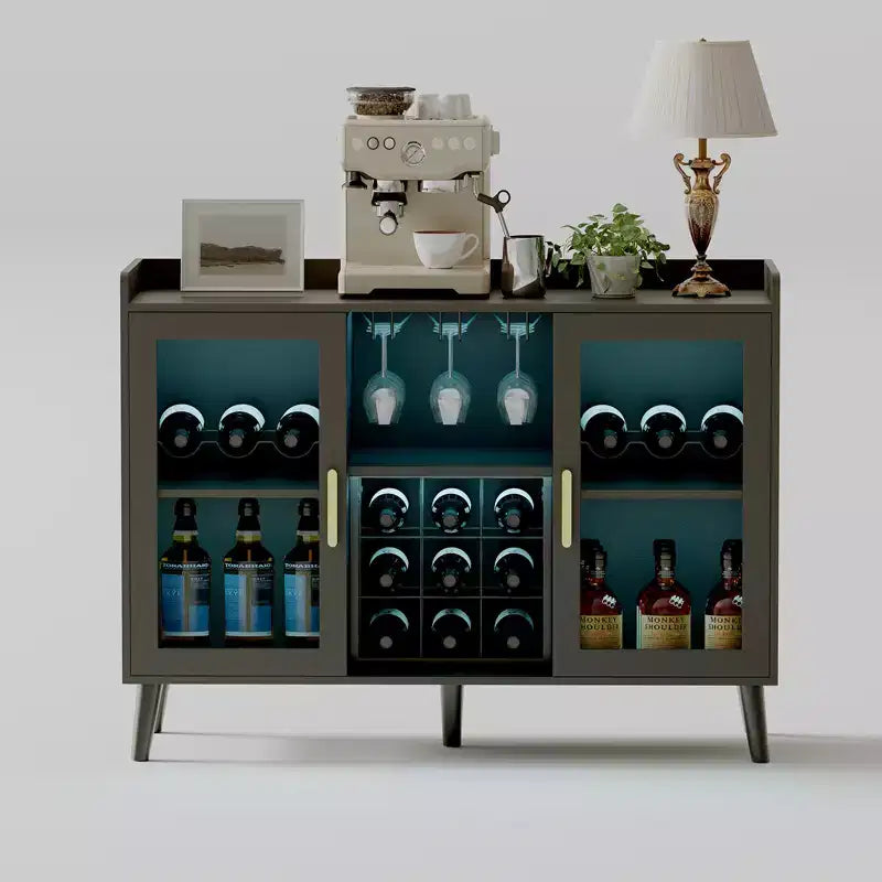 Meuble de bar à vin autoportant, buffet en bois de 120 cm avec porte en verre et étagère à vin, buffet de rangement pour salon ou cuisine