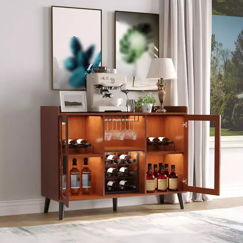 Meuble de bar à vin autoportant, buffet en bois de 120 cm avec porte en verre et étagère à vin, buffet de rangement pour salon ou cuisine