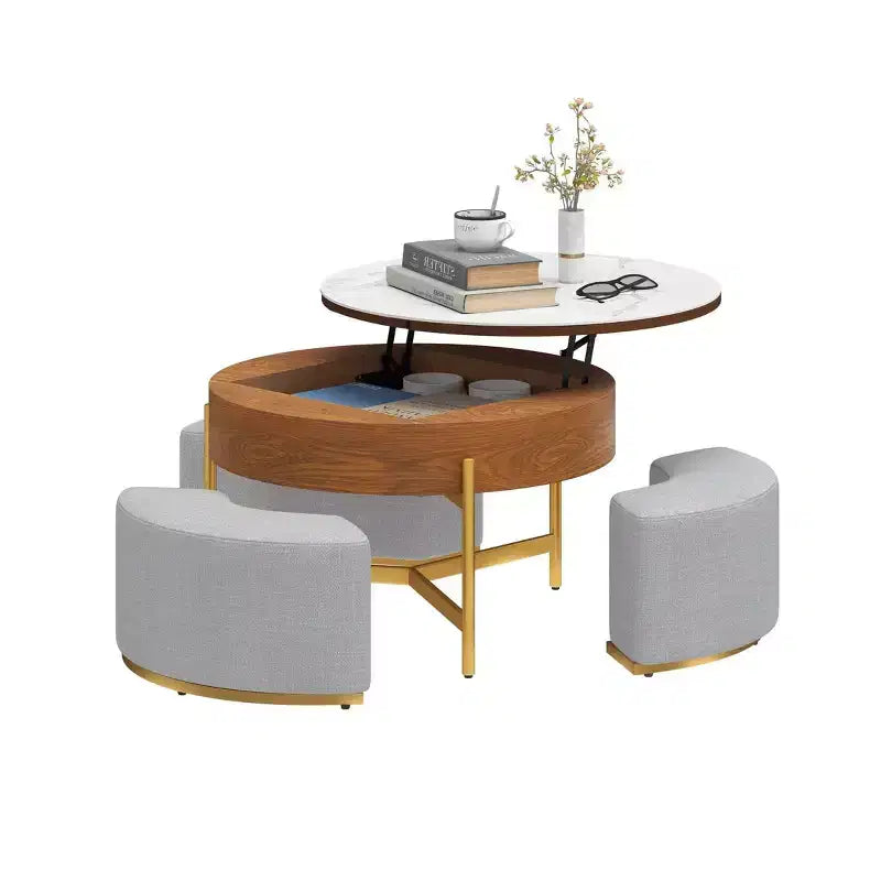 Table basse ronde relevable avec compartiment de rangement caché et 3 tabourets – Table basse moderne avec plateau en pierre pour salon