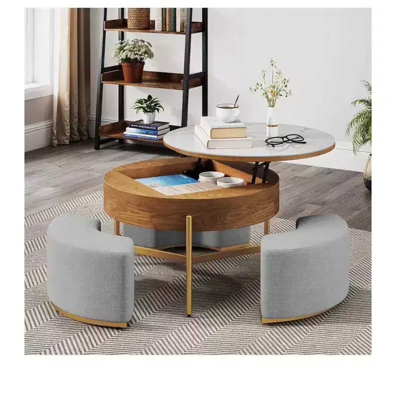 Table basse ronde relevable avec compartiment de rangement caché et 3 tabourets – Table basse moderne avec plateau en pierre pour salon