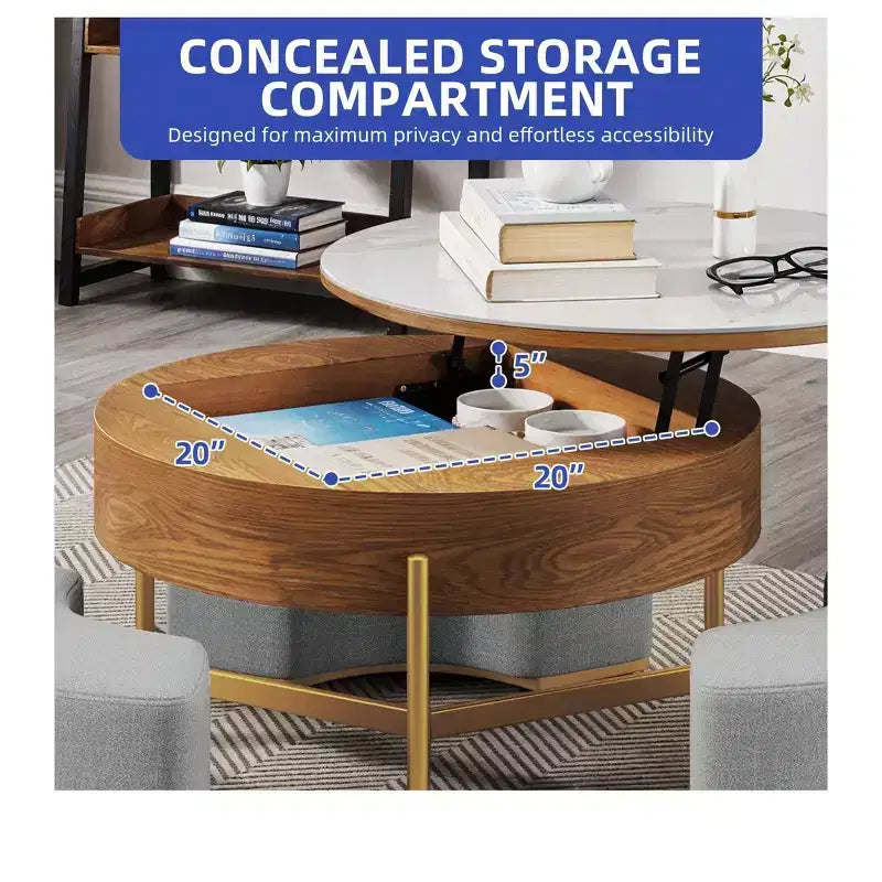 Table basse ronde relevable avec compartiment de rangement caché et 3 tabourets – Table basse moderne avec plateau en pierre pour salon