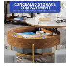 Table basse ronde relevable avec compartiment de rangement caché et 3 tabourets – Table basse moderne avec plateau en pierre pour salon