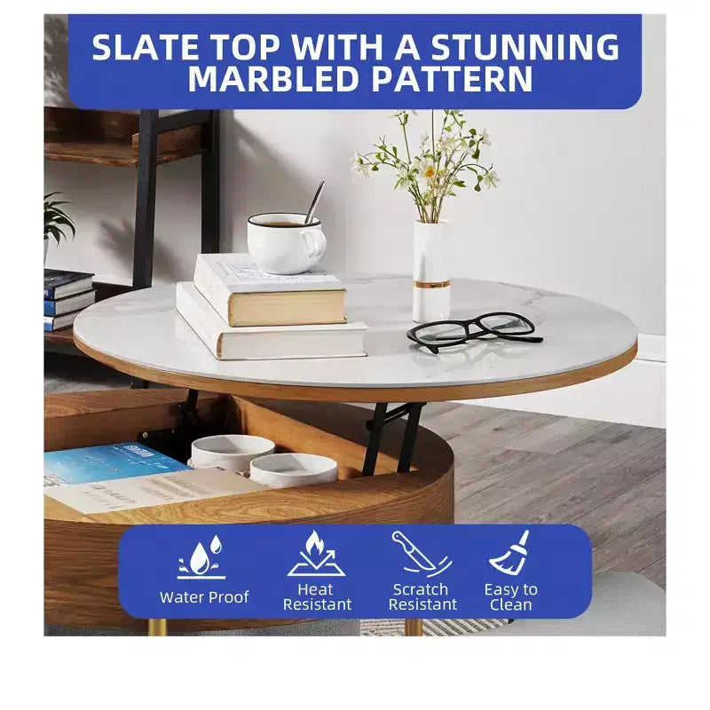 Table basse ronde relevable avec compartiment de rangement caché et 3 tabourets – Table basse moderne avec plateau en pierre pour salon