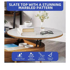 Table basse ronde relevable avec compartiment de rangement caché et 3 tabourets – Table basse moderne avec plateau en pierre pour salon