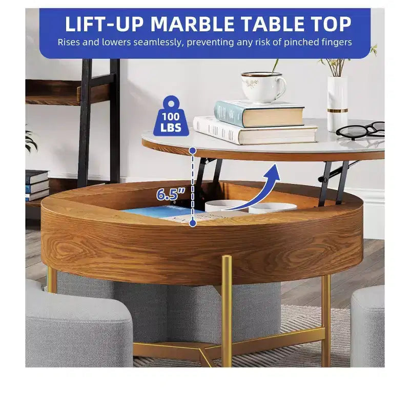 Table basse ronde relevable avec compartiment de rangement caché et 3 tabourets – Table basse moderne avec plateau en pierre pour salon