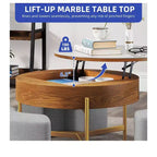 Table basse ronde relevable avec compartiment de rangement caché et 3 tabourets – Table basse moderne avec plateau en pierre pour salon