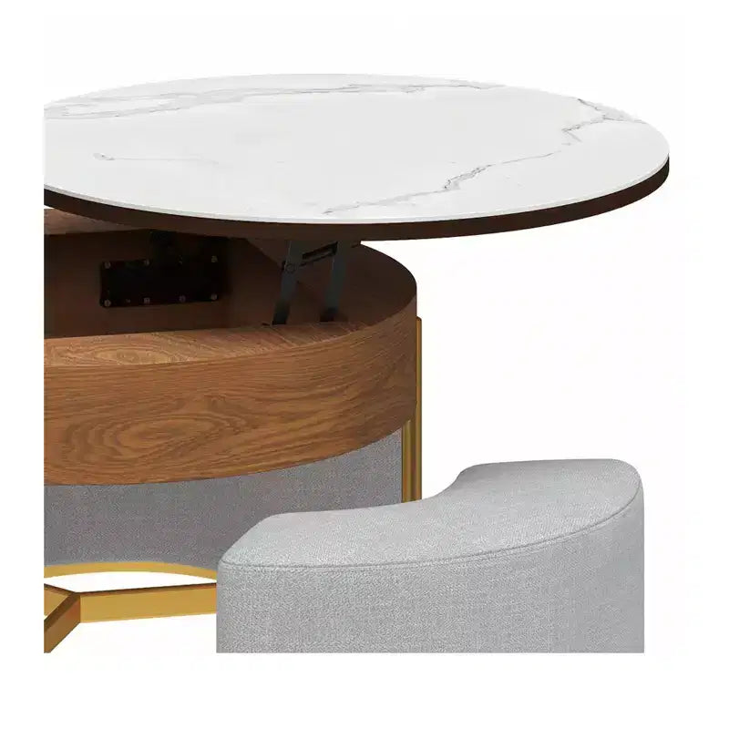 Table basse ronde relevable avec compartiment de rangement caché et 3 tabourets – Table basse moderne avec plateau en pierre pour salon