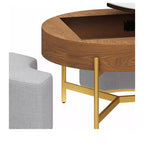 Table basse ronde relevable avec compartiment de rangement caché et 3 tabourets – Table basse moderne avec plateau en pierre pour salon