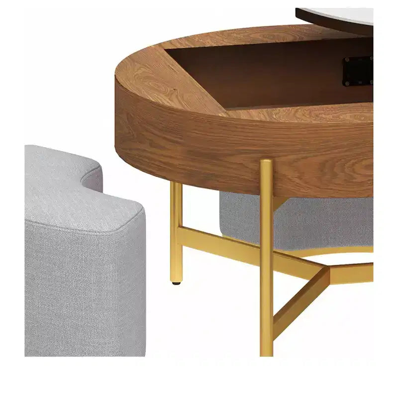Table basse ronde relevable avec compartiment de rangement caché et 3 tabourets – Table basse moderne avec plateau en pierre pour salon