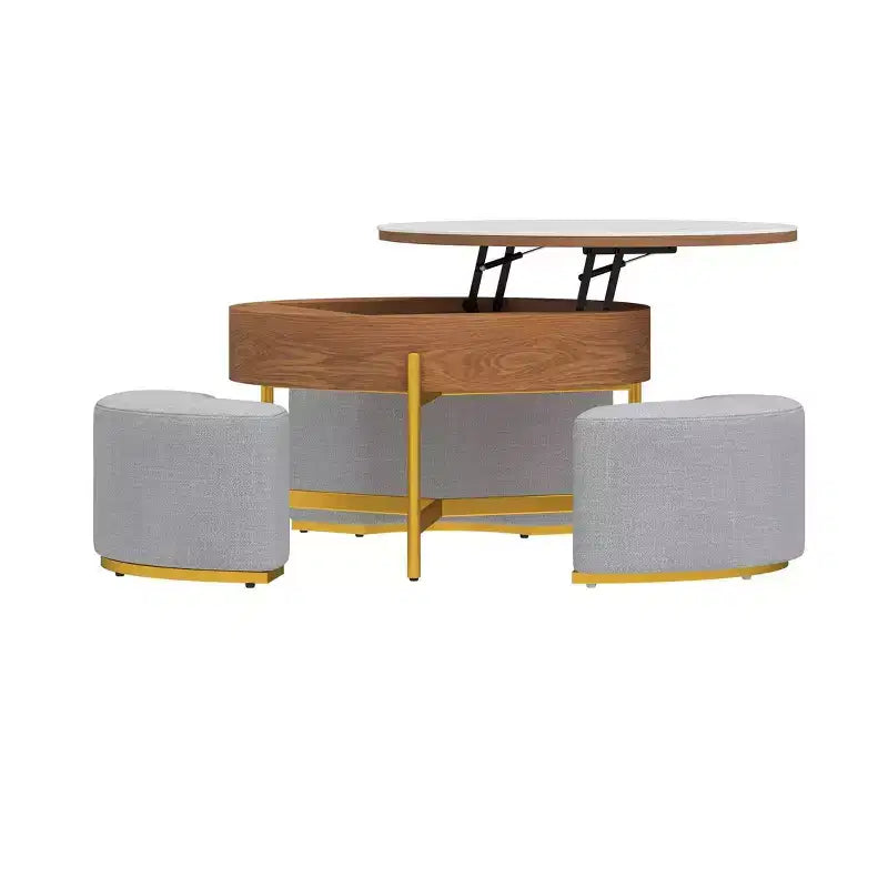Table basse ronde relevable avec compartiment de rangement caché et 3 tabourets – Table basse moderne avec plateau en pierre pour salon
