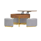Table basse ronde relevable avec compartiment de rangement caché et 3 tabourets – Table basse moderne avec plateau en pierre pour salon