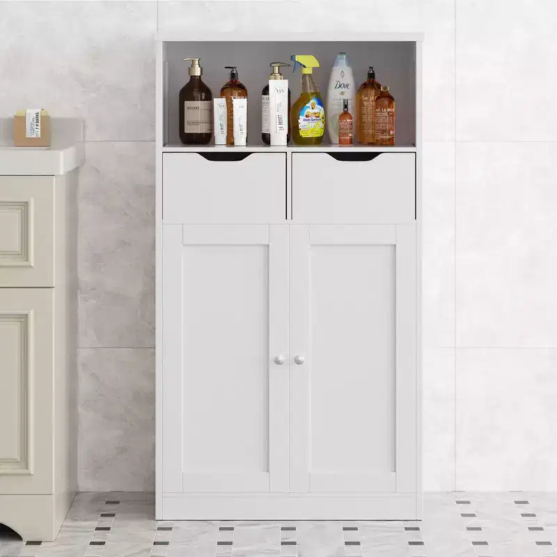 Meuble de Rangement Autoportant pour Salle de Bain avec Portes, Tiroirs et Étagère Réglable