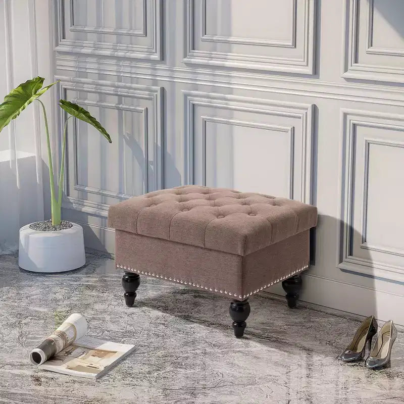Pouf de rangement capitonné de 63,5 cm avec couvercle amovible et pieds en bois