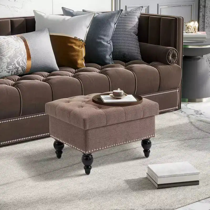 Pouf de rangement capitonné de 63,5 cm avec couvercle amovible et pieds en bois