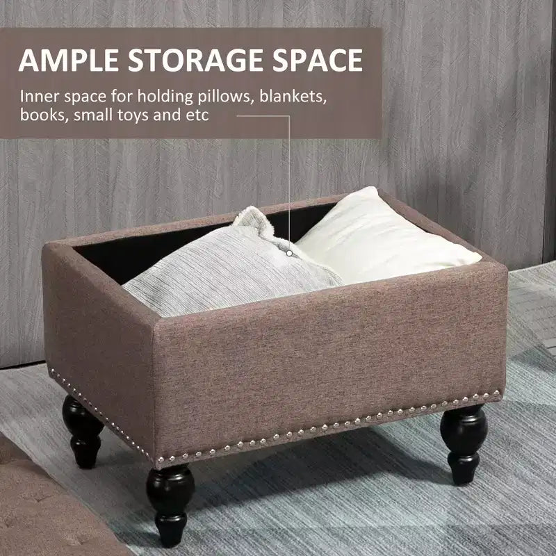 Pouf de rangement capitonné de 63,5 cm avec couvercle amovible et pieds en bois