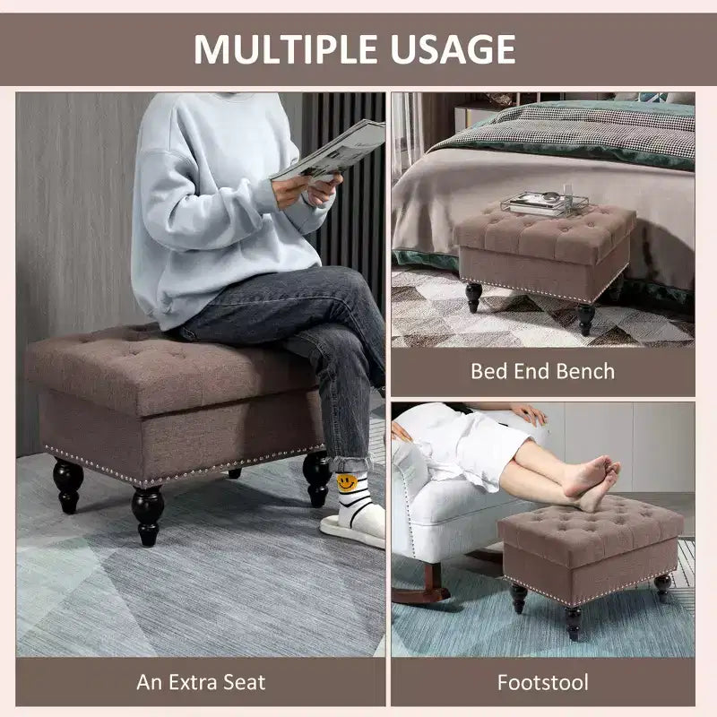 Pouf de rangement capitonné de 63,5 cm avec couvercle amovible et pieds en bois
