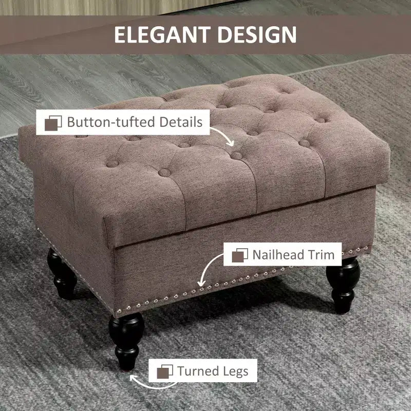 Pouf de rangement capitonné de 63,5 cm avec couvercle amovible et pieds en bois