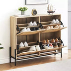Meuble à chaussures à quatre portes avec trois étagères réglables, idéal pour les talons hauts, les bottes et les entrées élégantes – une solution de rangement parfaite pour votre couloir.