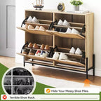 Meuble à chaussures à quatre portes avec trois étagères réglables, idéal pour les talons hauts, les bottes et les entrées élégantes – une solution de rangement parfaite pour votre couloir.